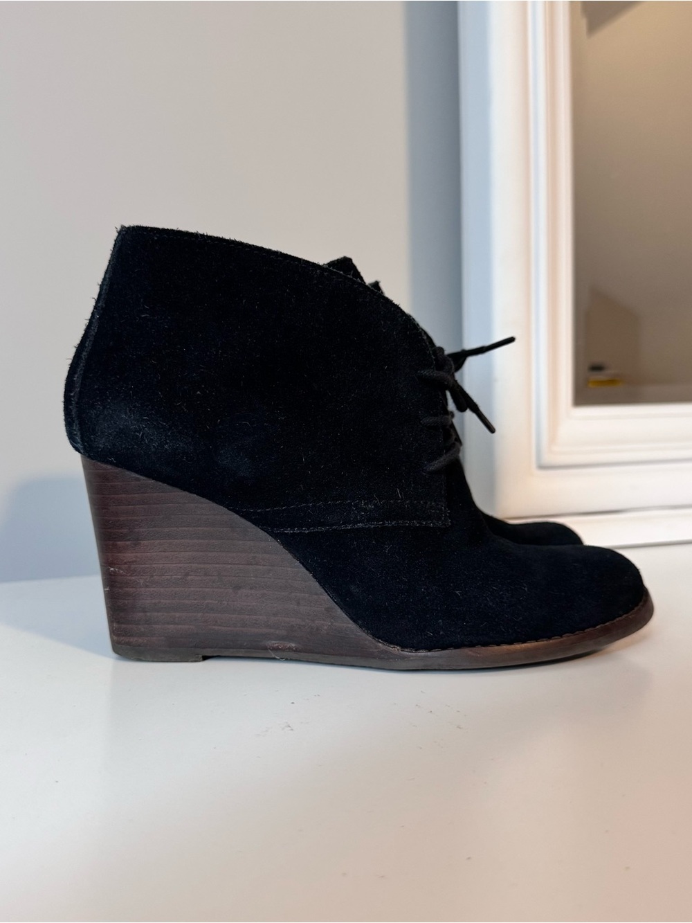 Lucky Brand Black Suede Lace-Up Wedge Ankle Booties